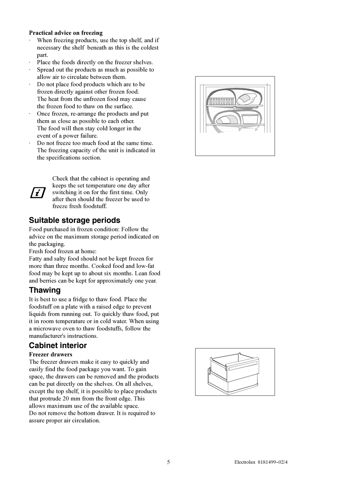 Electrolux EU8216C Suitable storage periods, Thawing, Cabinet interior, Practical advice on freezing, Freezer drawers 