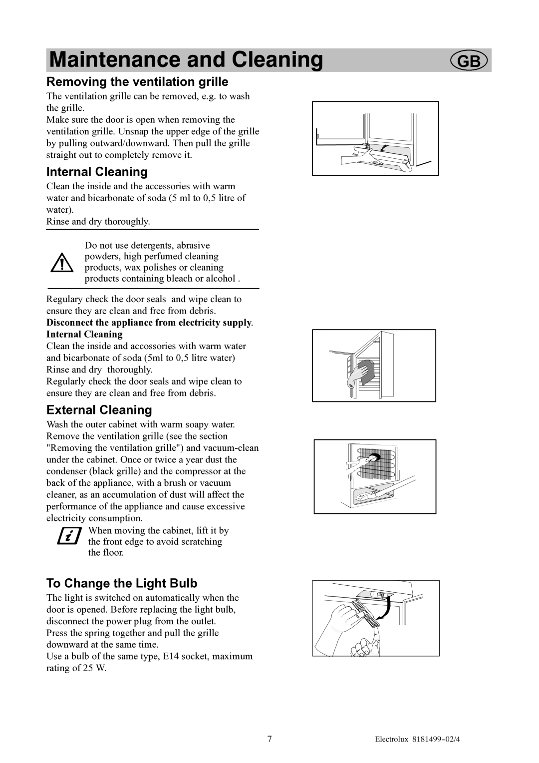 Electrolux EU8216C manual Maintenance and Cleaning, Removing the ventilation grille, Internal Cleaning, External Cleaning 