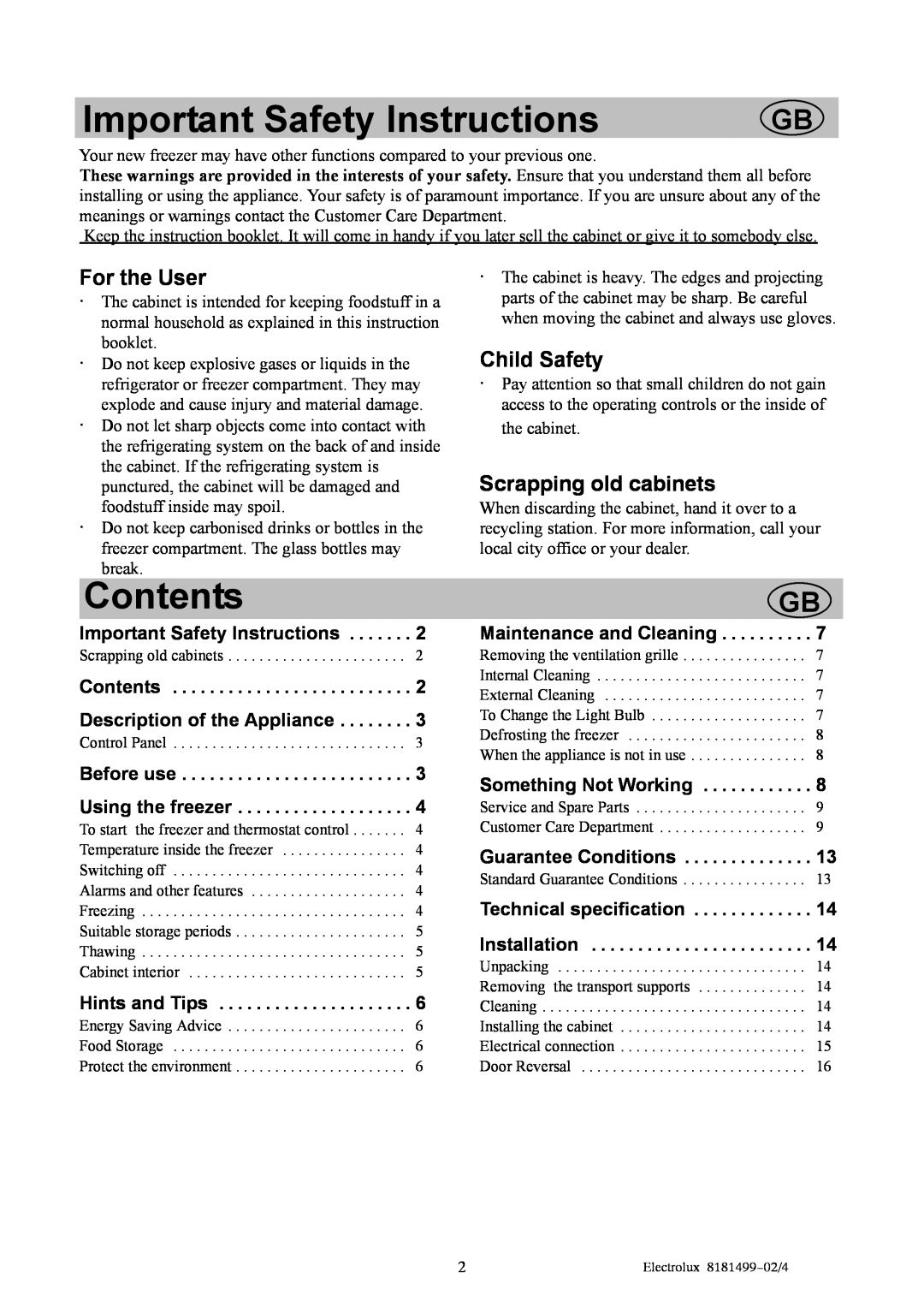 Electrolux EU8216C manual Important Safety Instructions, Contents, For the User, Child Safety, Scrapping old cabinets 