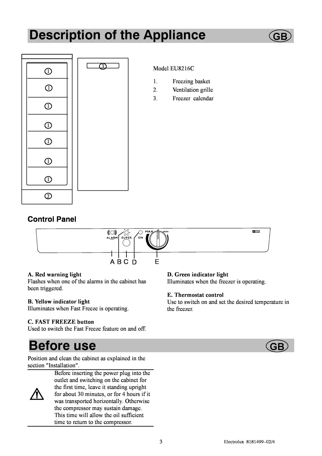 Electrolux EU8216C Description of the Appliance, Before use, Control Panel, A. Red warning light, C. FAST FREEZE button 