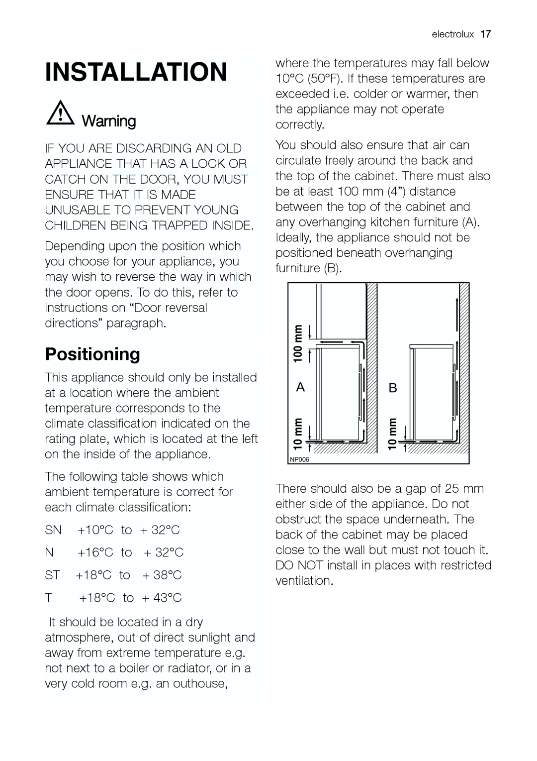 Electrolux EUC 19291 W manual Installation, Positioning 