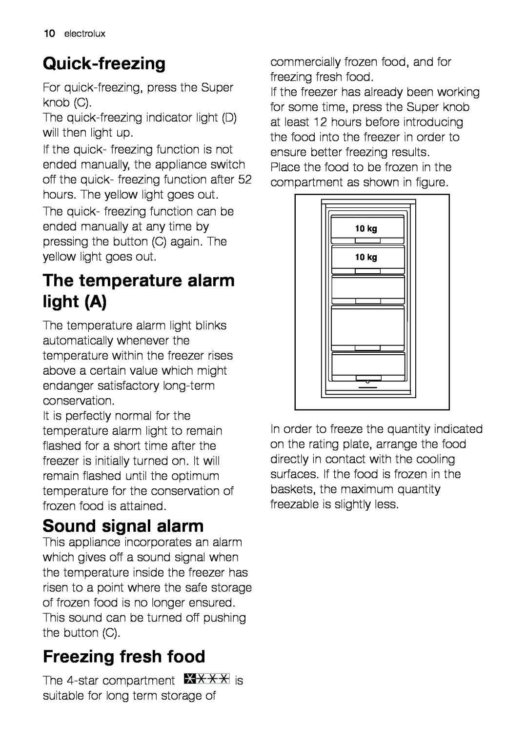 Electrolux EUC 19291 W manual Quick-freezing, The temperature alarm light A, Sound signal alarm, Freezing fresh food 