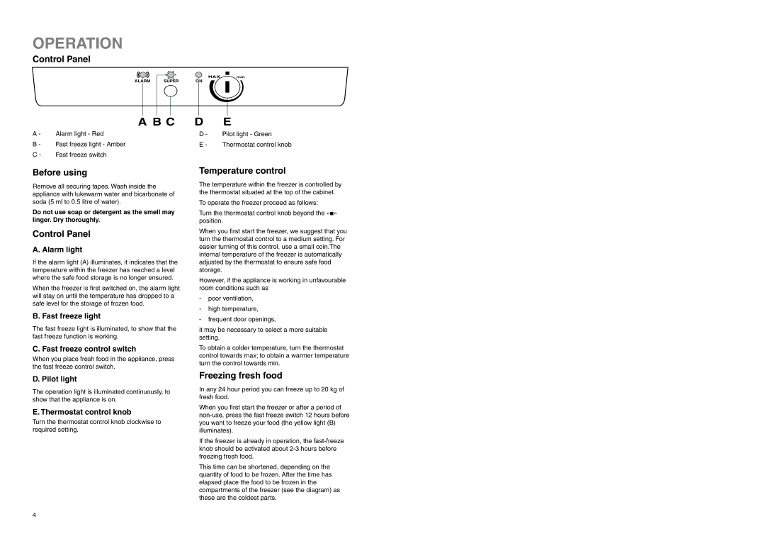 Electrolux EUC 2325 X manual Operation, Control Panel, Before using, Temperature control, Freezing fresh food 