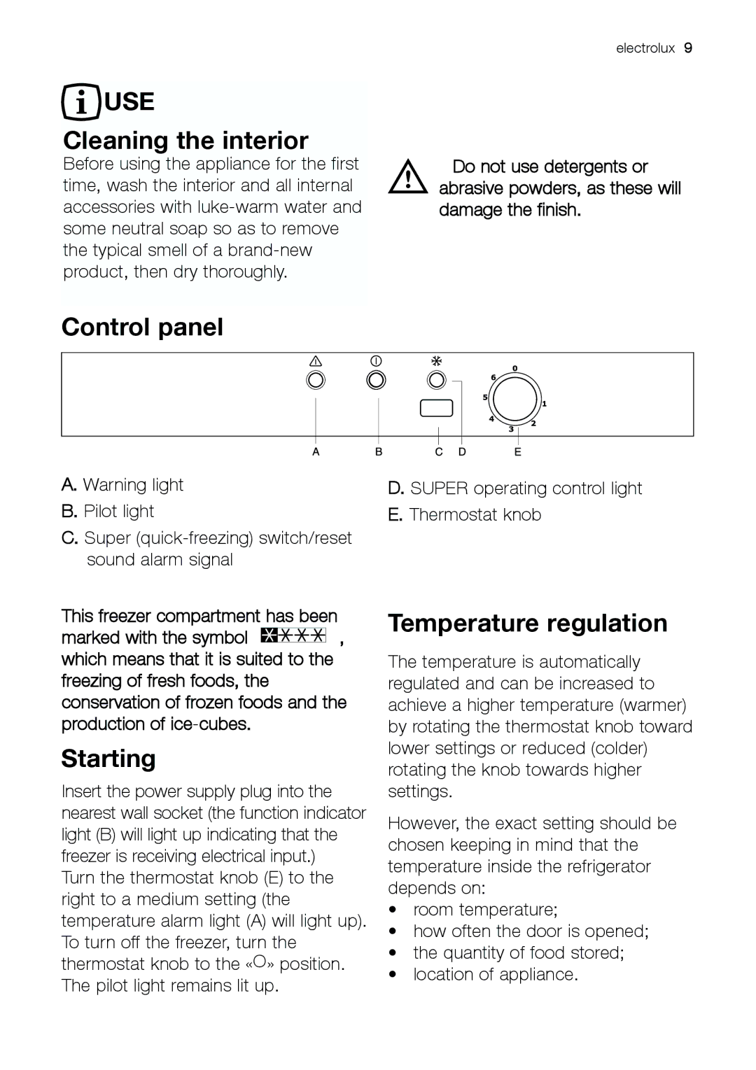 Electrolux EUC 25291 S manual Cleaning the interior, Control panel, Starting, Temperature regulation 