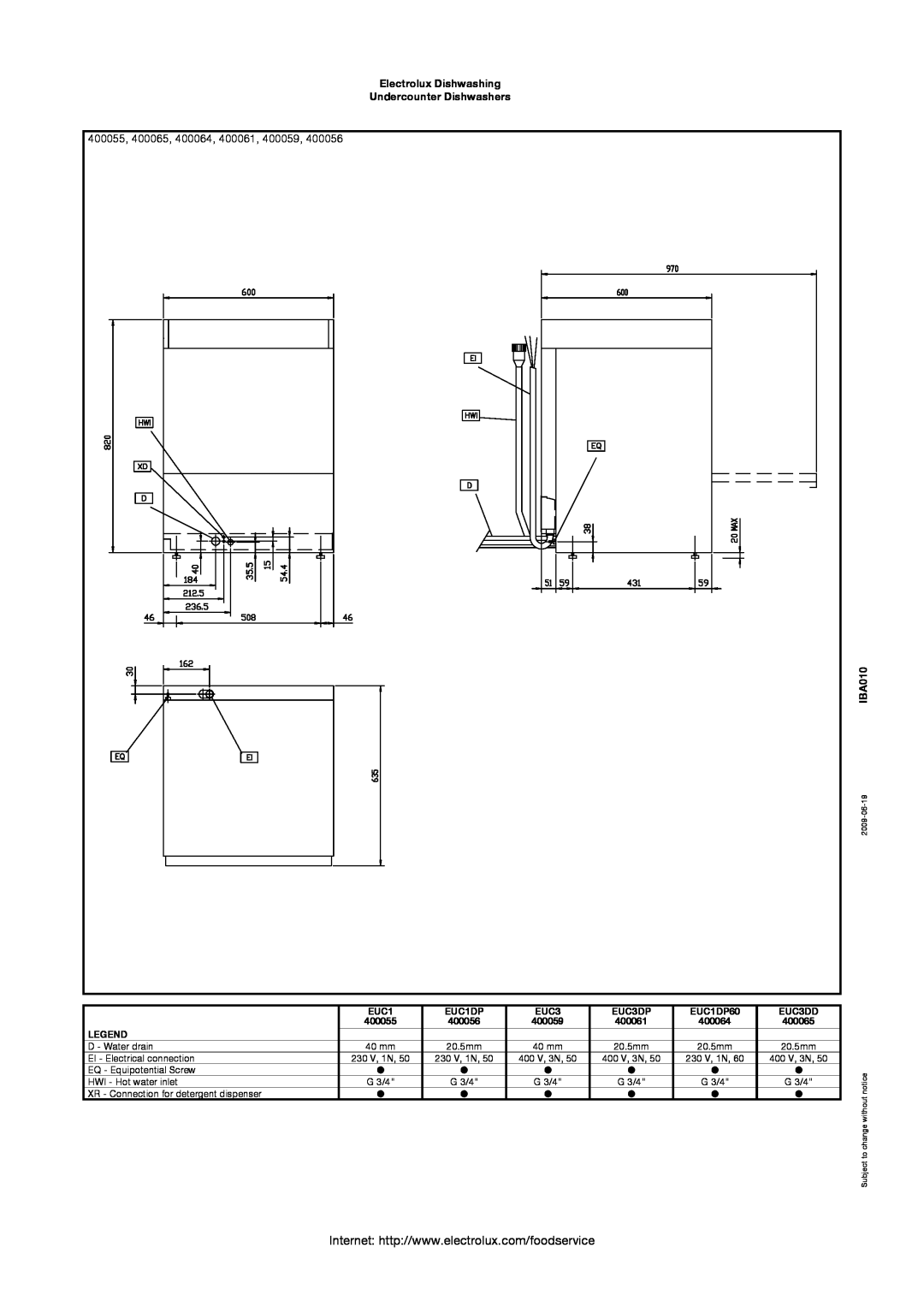 Electrolux EUC1DP, EUC3DD 400055, 400065, 400064, 400061, 400059, Electrolux Dishwashing Undercounter Dishwashers, IBA010 