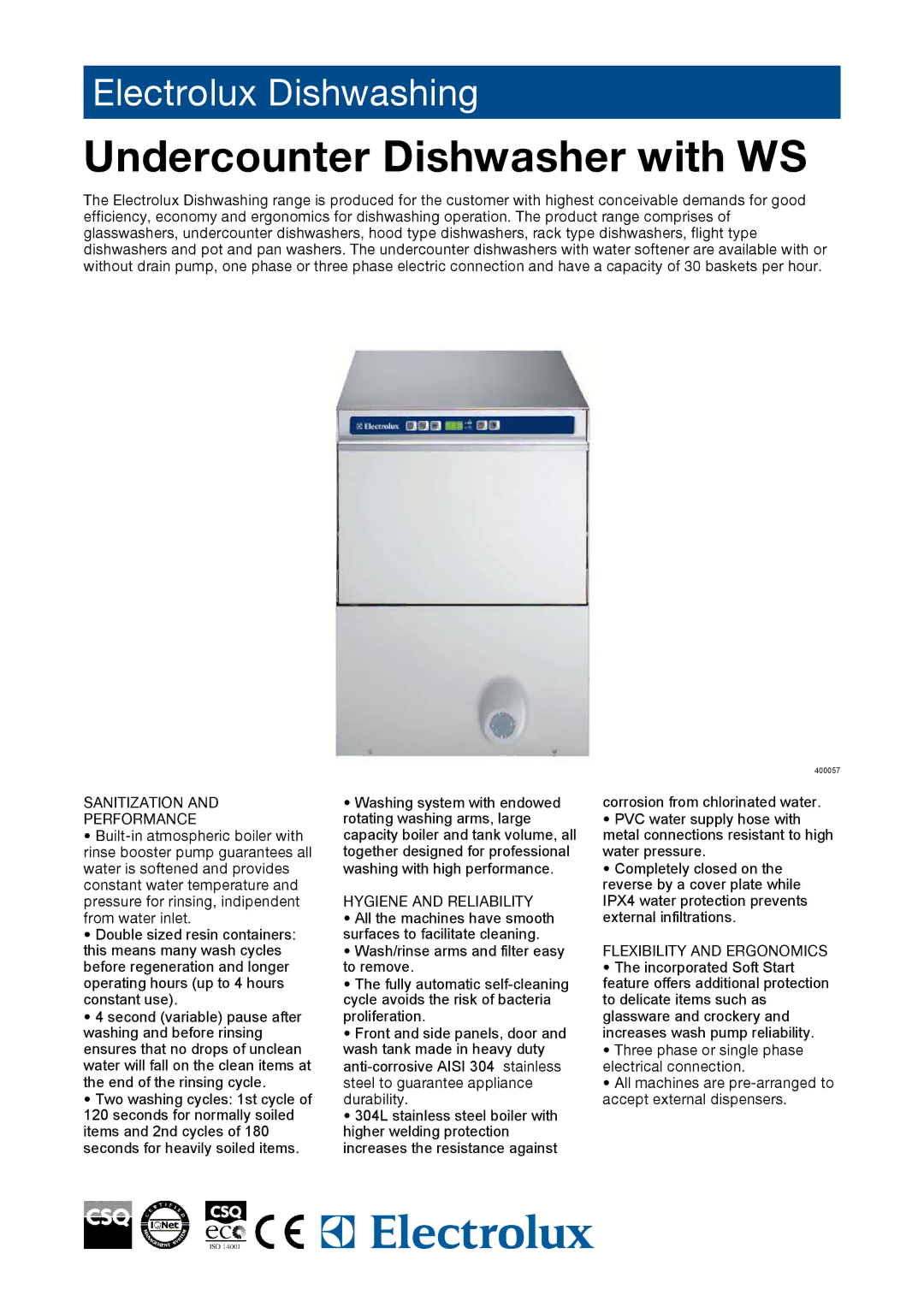 Electrolux EUC3DPWS, EUC3WS manual Undercounter Dishwasher with WS, Sanitization Performance, Hygiene and Reliability 