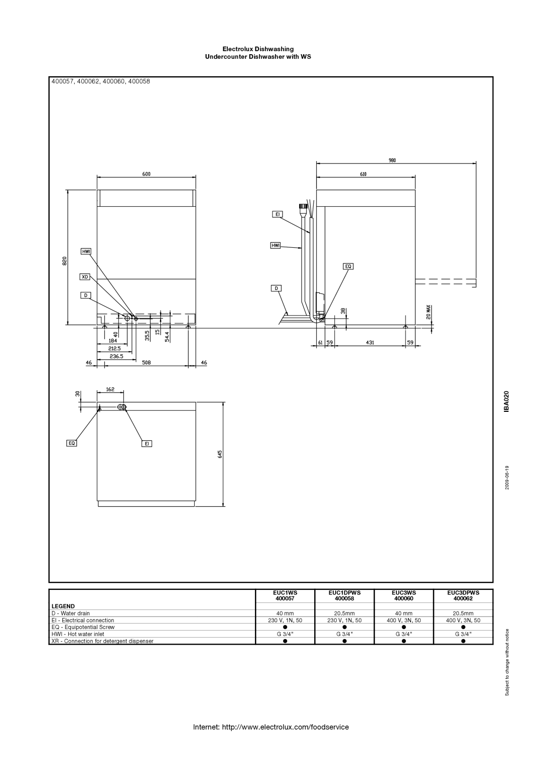 Electrolux EUC1WS, EUC3WS, EUC3DPWS, EUC1DPWS, 400058 manual 400057, 400062, 400060, IBA020 