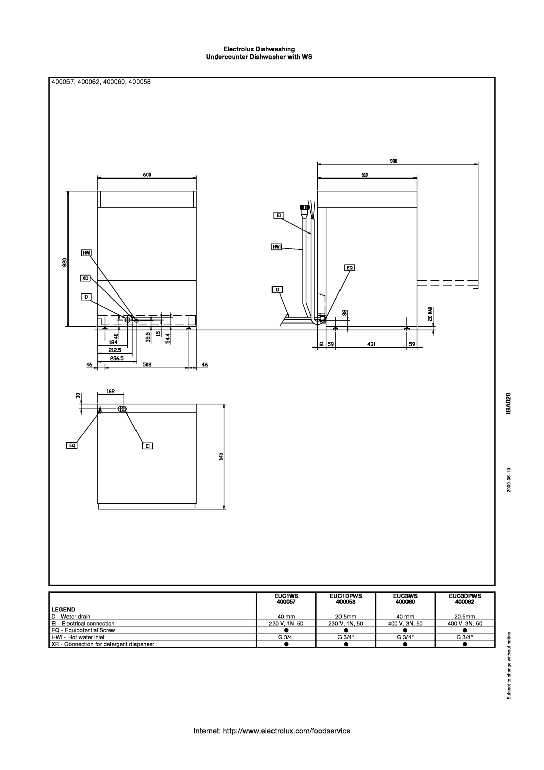 Electrolux EUC1WS 400057, 400062, 400060, Electrolux Dishwashing Undercounter Dishwasher with WS, IBA020, EUC1DPWS, EUC3WS 