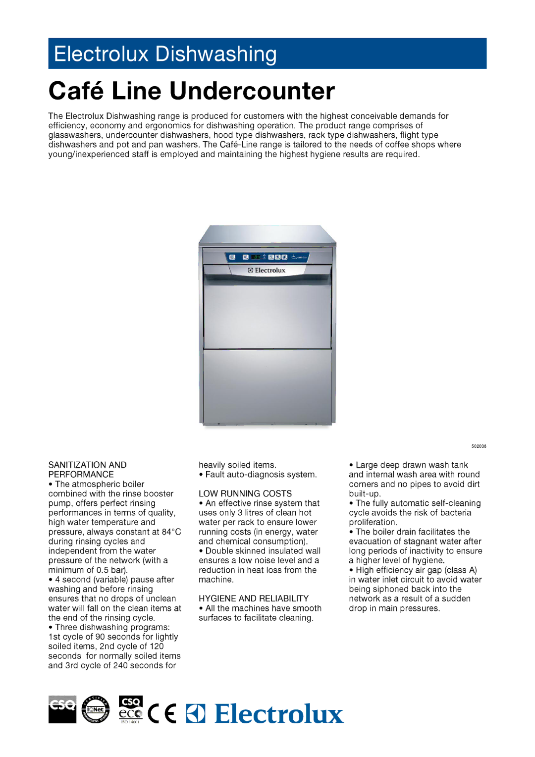 Electrolux 502038, EUCAICLG, 502039 manual Sanitization Performance, LOW Running Costs, Hygiene and Reliability 