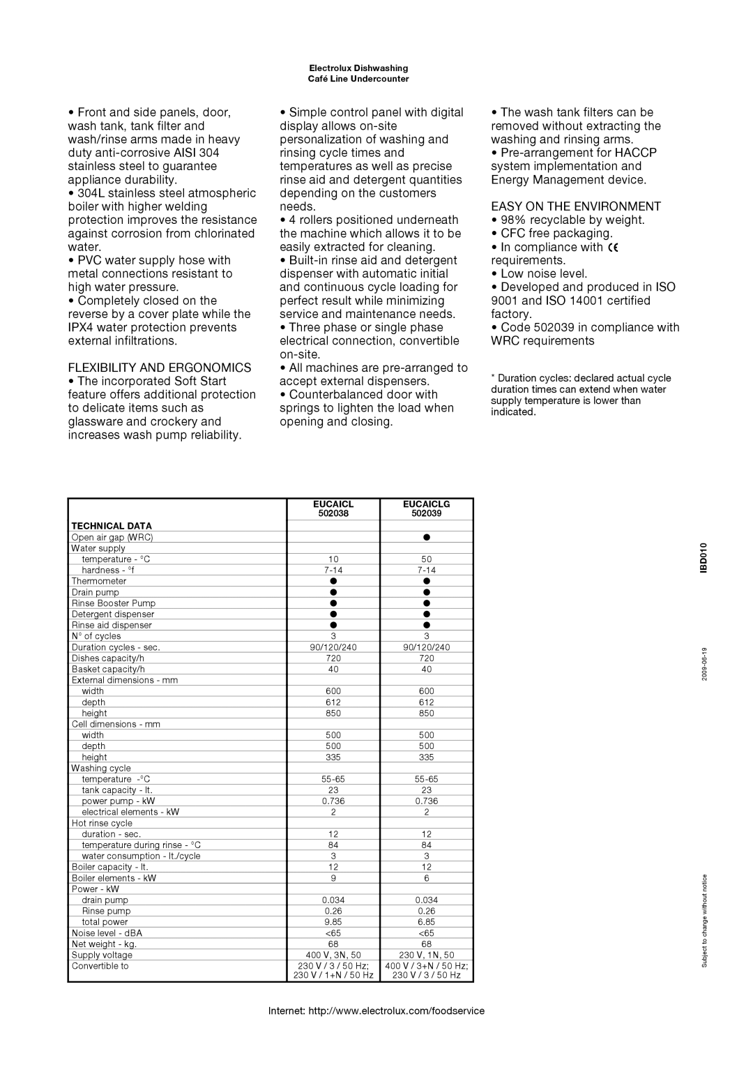 Electrolux 502039, EUCAICLG, 502038 Flexibility and Ergonomics, Easy on the Environment, Eucaicl Eucaiclg, Technical Data 