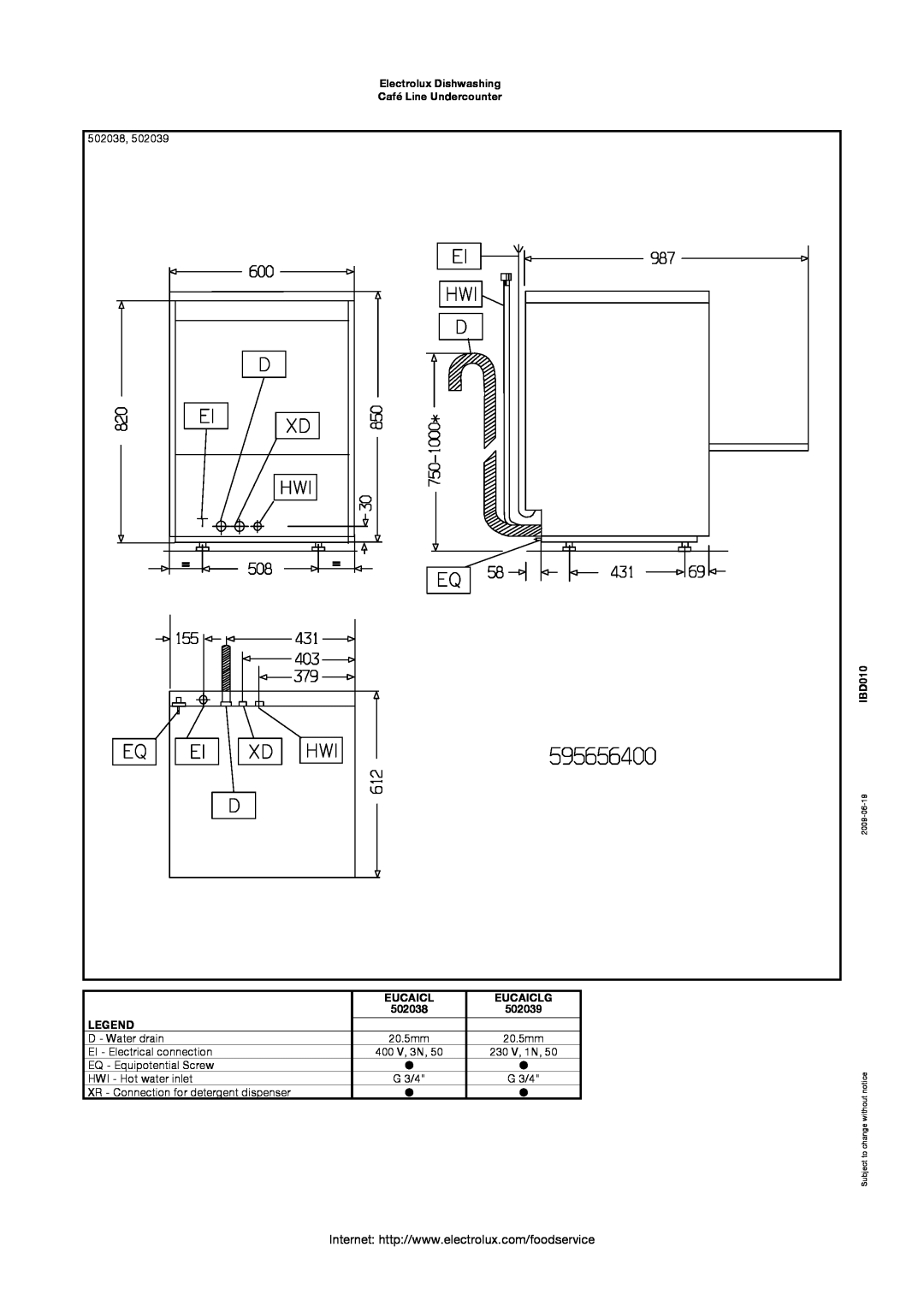 Electrolux 502038, EUCAICLG manual Electrolux Dishwashing, Café Line Undercounter, IBD010, Eucaiclg, 502039, 2009-06-19 