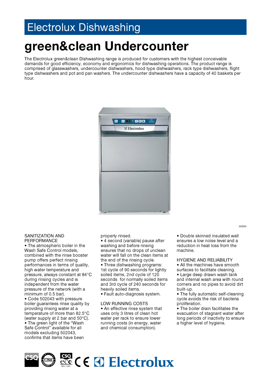 Electrolux EUCAI60, EUCAIDD, EUCAIG, EUCAIDP manual Sanitization Performance, LOW Running Costs, Hygiene and Reliability 