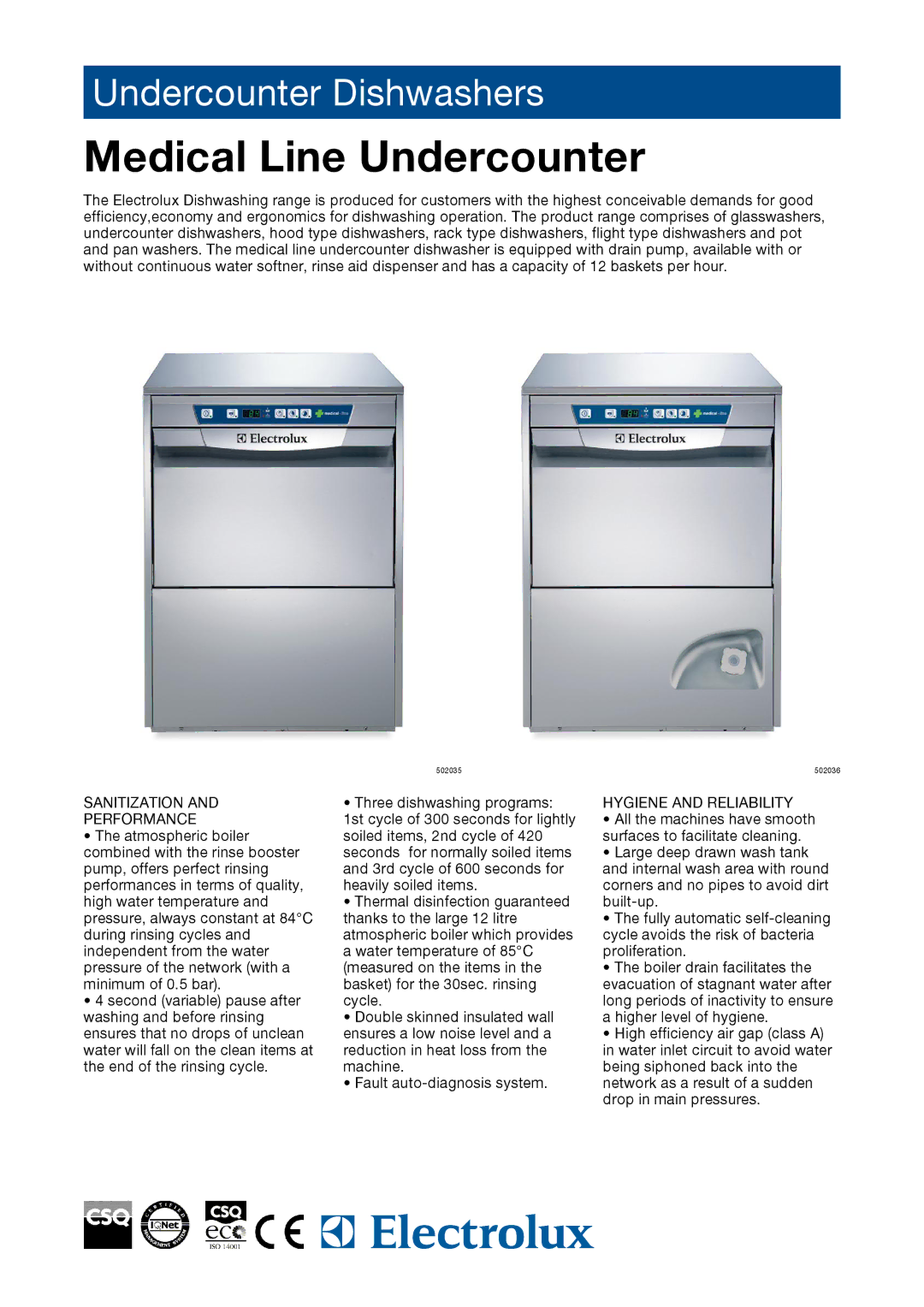 Electrolux EUCAIMLWS, EUCAIMLG, 502037, 502035, 502036 manual Sanitization Performance, Hygiene and Reliability 