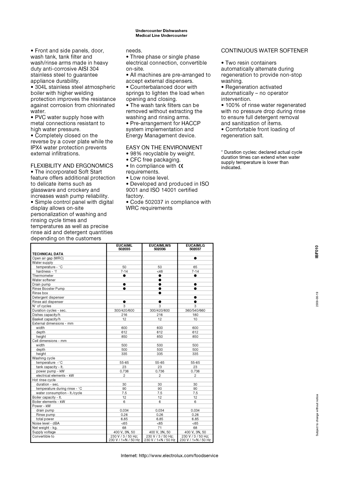 Electrolux EUCAIMLG, 502037 Flexibility and Ergonomics, Easy on the Environment, Continuous Water Softener, Technical Data 