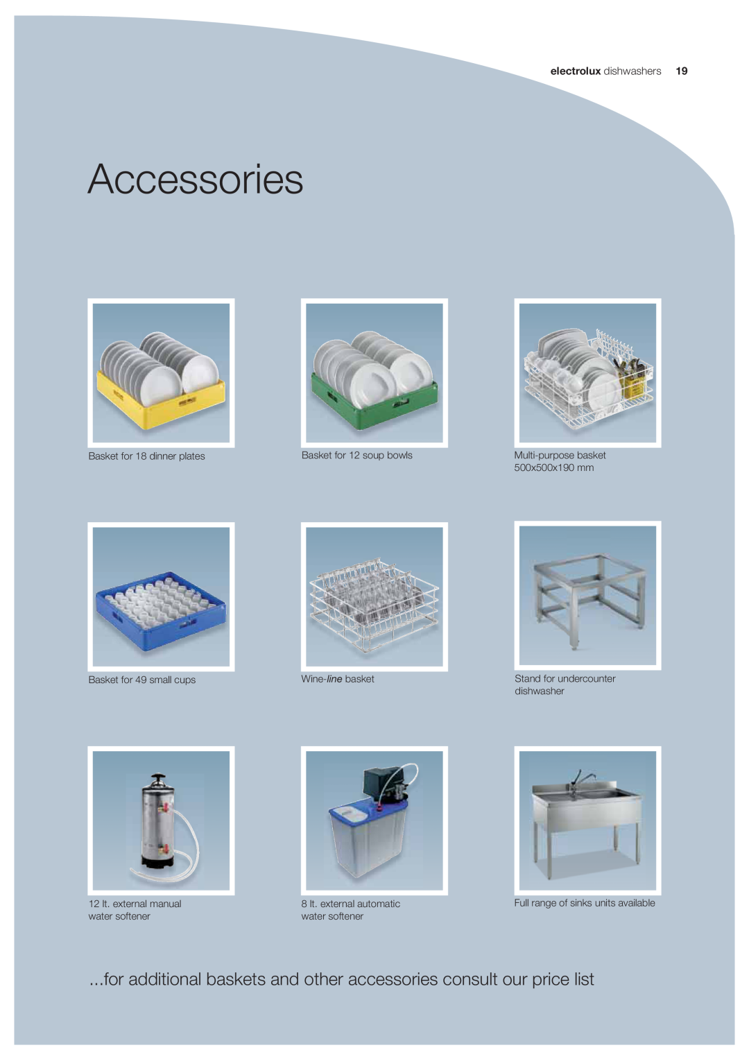 Electrolux EUCAI Accessories, for additional baskets and other accessories consult our price list, electrolux dishwashers 