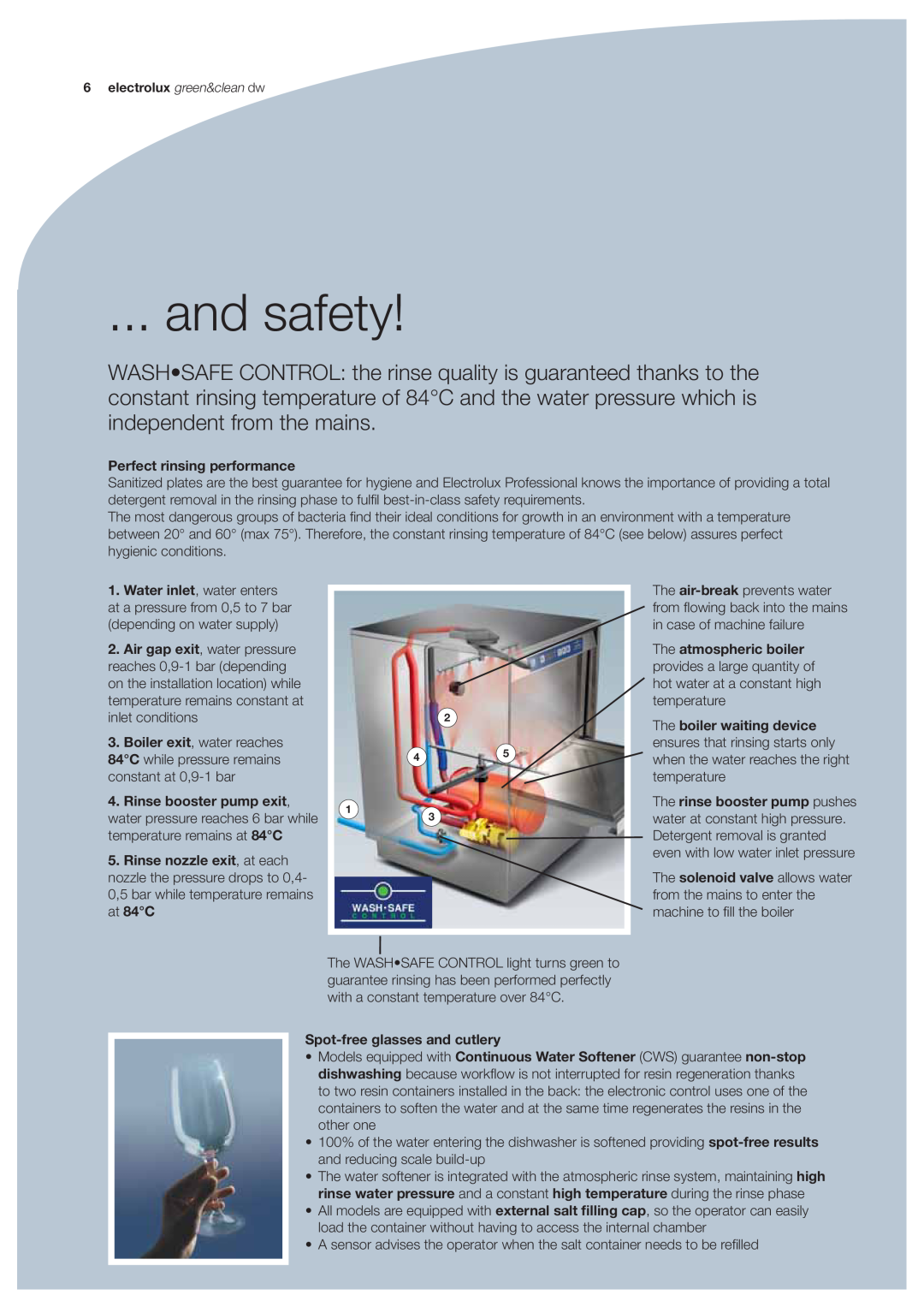 Electrolux EUCAIWL and safety, Perfect rinsing performance, Water inlet , water enters, The atmospheric boiler, at 84C 