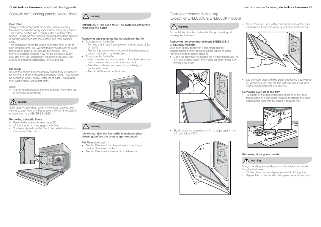 Electrolux EUEE63CS, EUEE63CK, EOEM61CS Operation, Cleaning, Removing the oven door except EPEE63CS & EPEE63CK models 