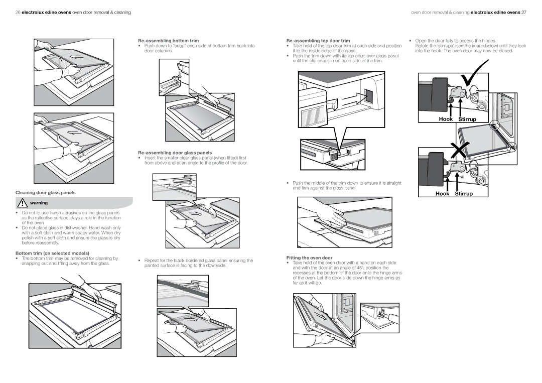 Electrolux EOEE63CS, EUEE63CK, EPEE63CS Re-assembling bottom trim, Re-assembling top door trim, Cleaning door glass panels 