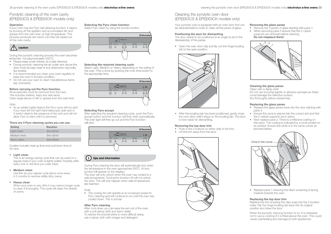 Electrolux EOEE62CS Before carrying out the Pyro function, There are 3 Pyro cleaning cycles you can use, Light clean 