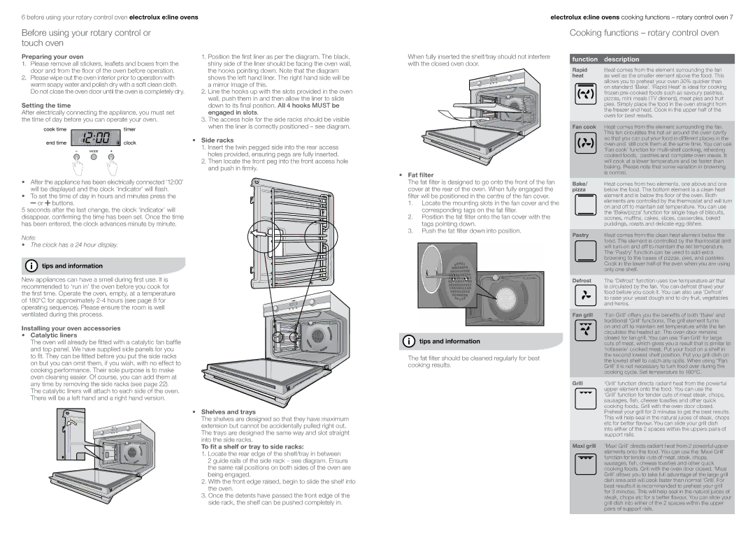 Electrolux EUEE63CS Preparing your oven, Setting the time, Side racks, Installing your oven accessories Catalytic liners 