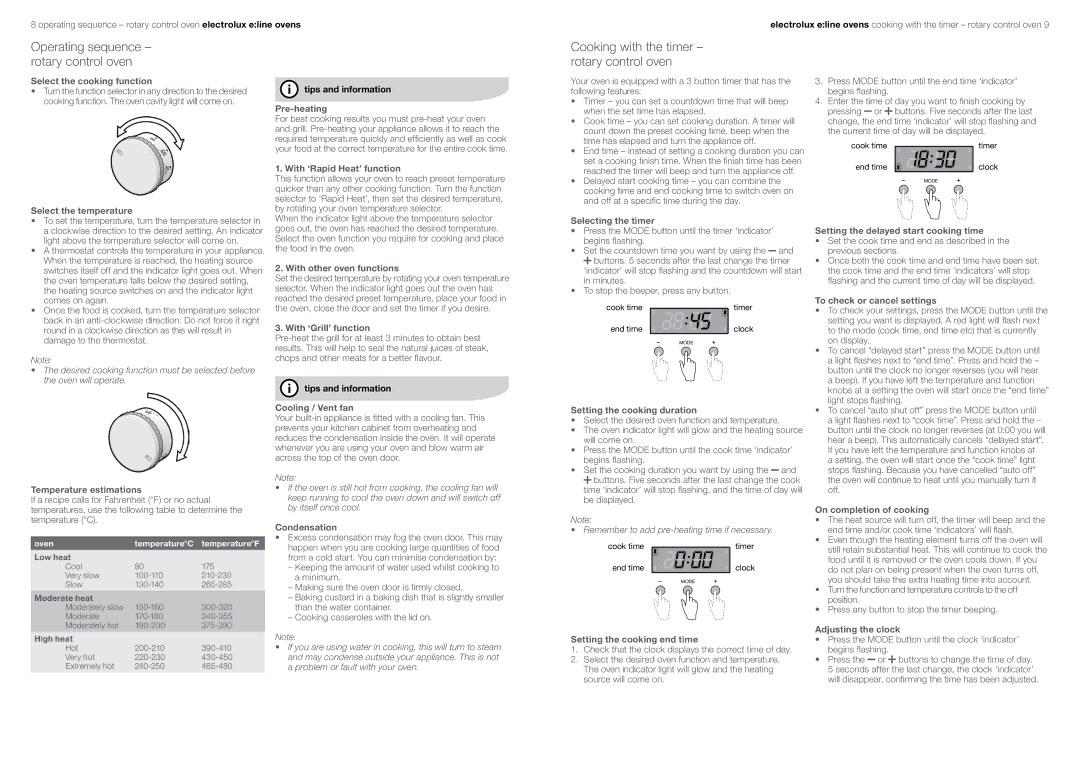 Electrolux EOEE63CS, EUEE63CK Select the cooking function, Select the temperature, Temperature estimations, Pre-heating 