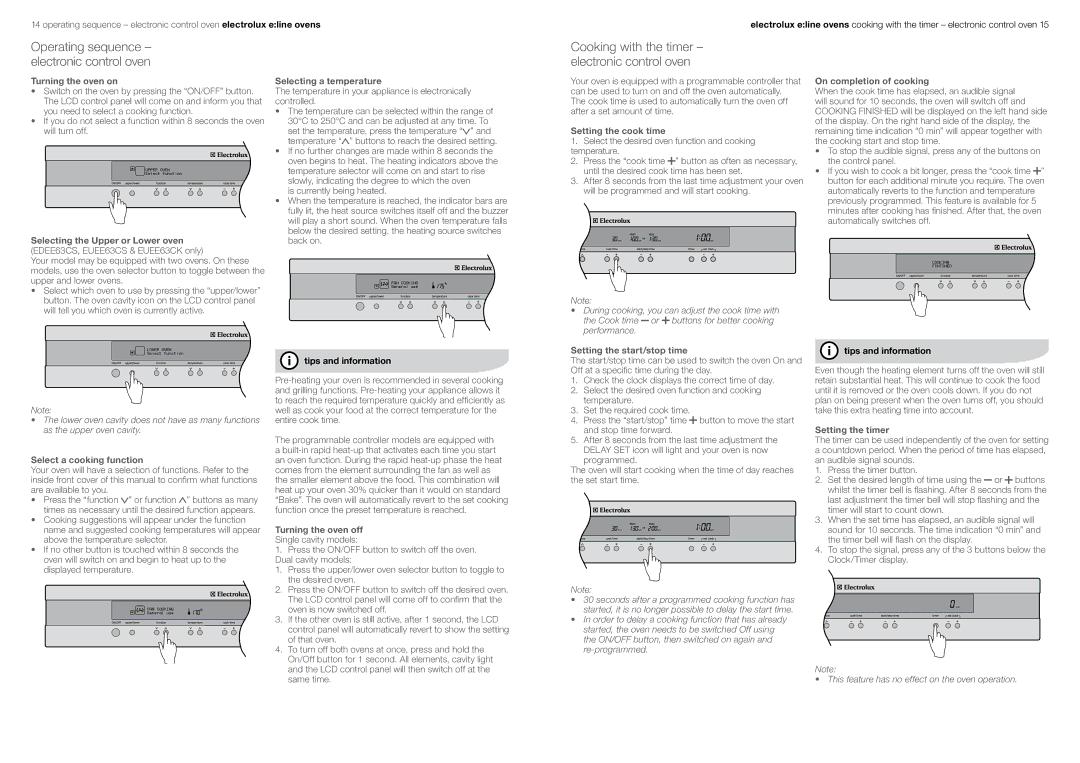 Electrolux EDEE63CS Turning the oven on, Selecting a temperature, Setting the cook time, Select a cooking function 
