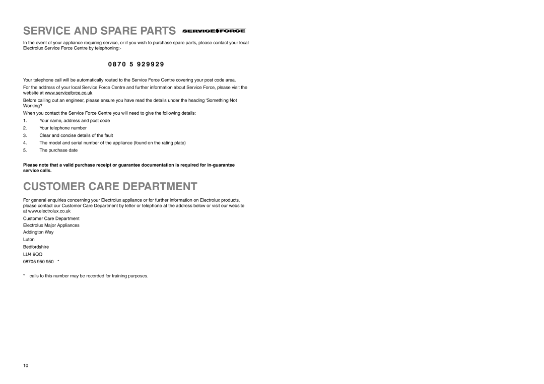 Electrolux EUF 2320 manual Service and Spare Parts, Customer Care Department, 7 0 5 9 2 9 9 2 