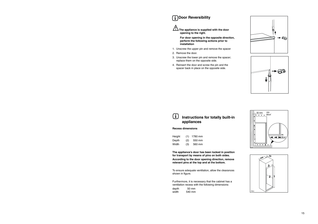 Electrolux EUF 2320 manual Door Reversibility, Instructions for totally built-in appliances 