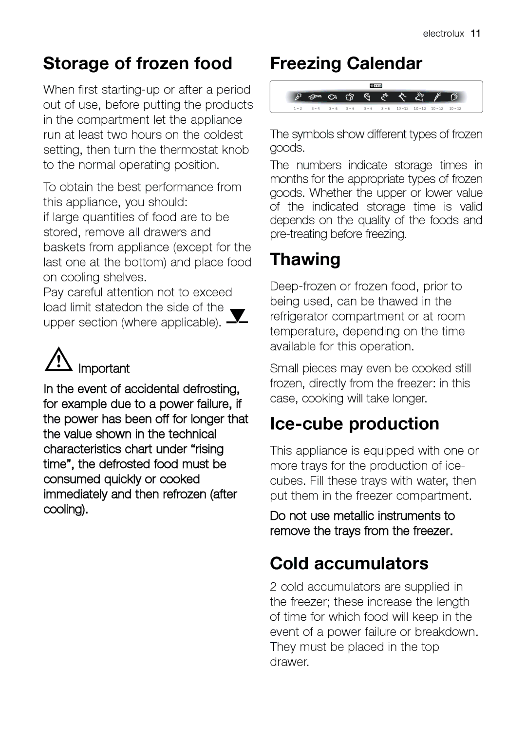 Electrolux EUF 23292 W manual Storage of frozen food, Freezing Calendar, Thawing, Ice-cube production, Cold accumulators 