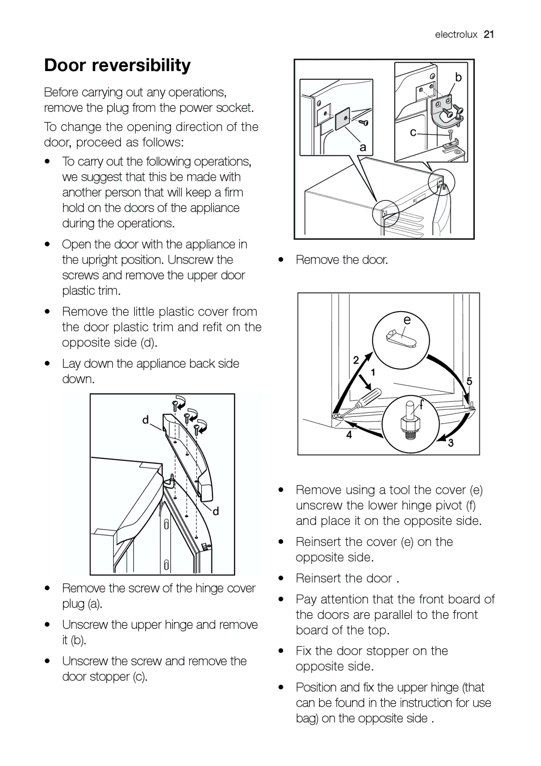 Electrolux EUF 23292 W manual Door reversibility 
