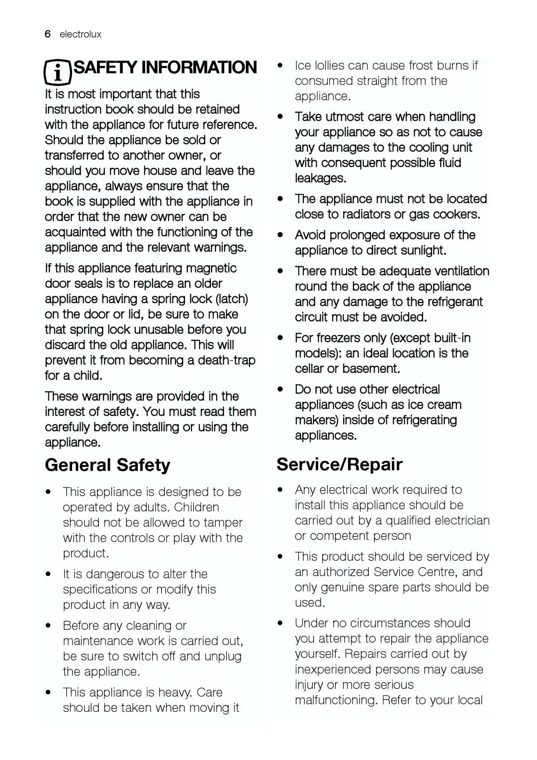 Electrolux EUF 23292 W manual General Safety, Service/Repair 