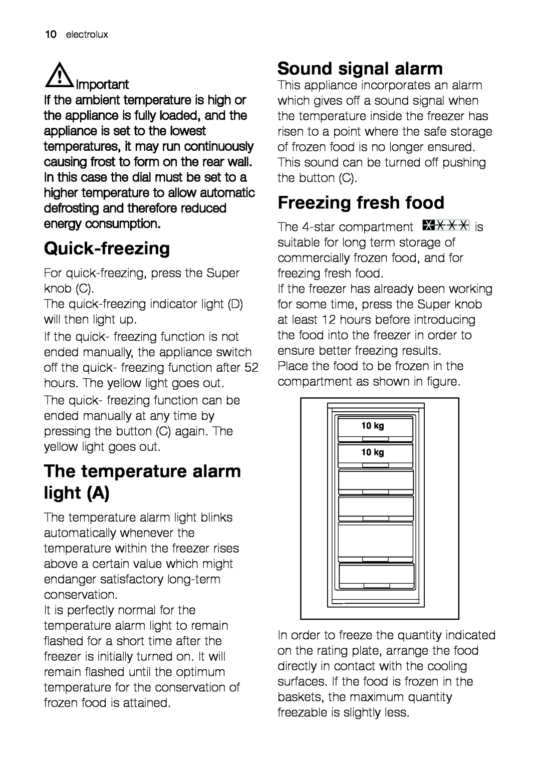 Electrolux EUF 23292 W manual Quick-freezing, The temperature alarm light A, Sound signal alarm, Freezing fresh food 