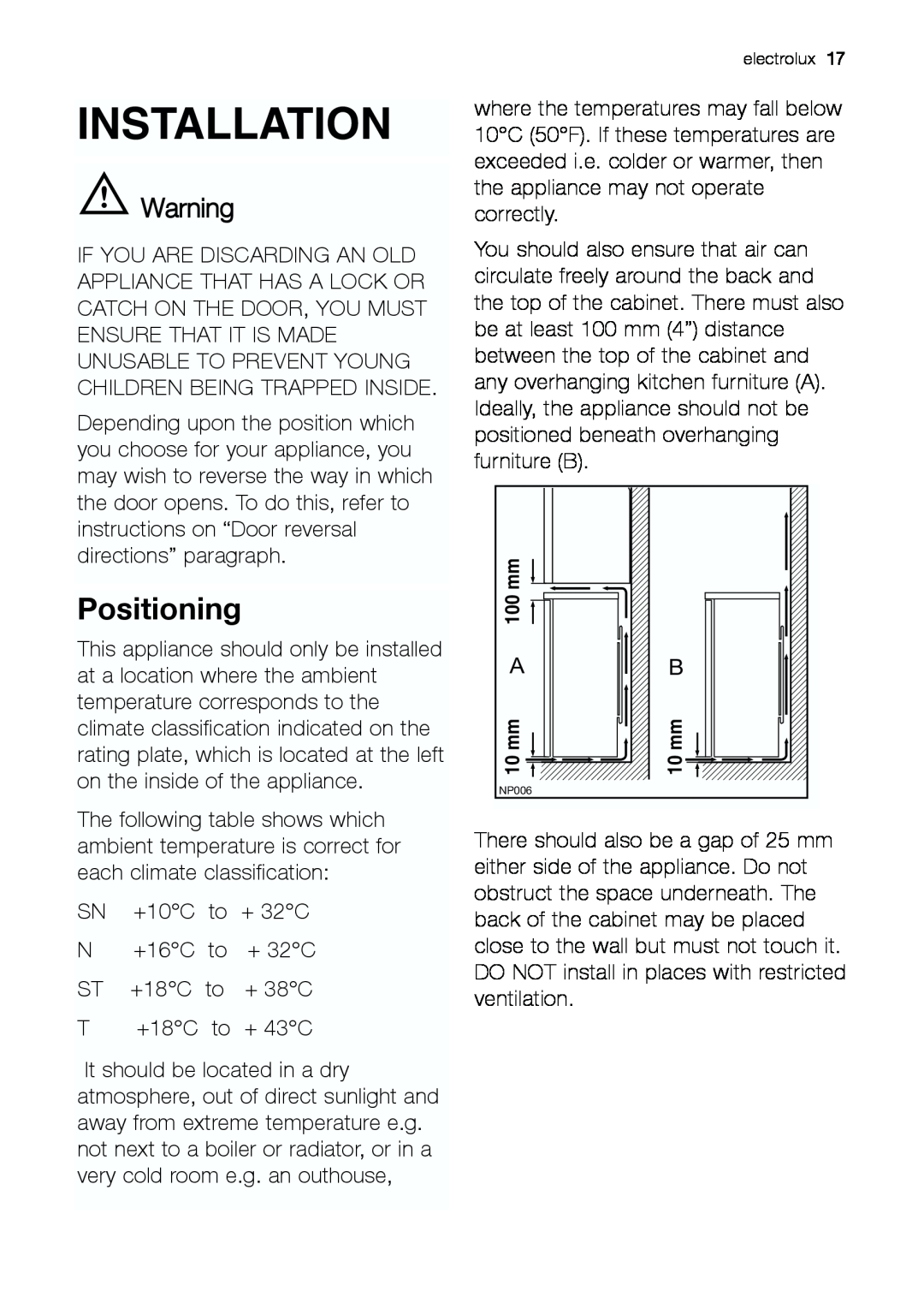 Electrolux EUF 23292 W manual Positioning, Installation 