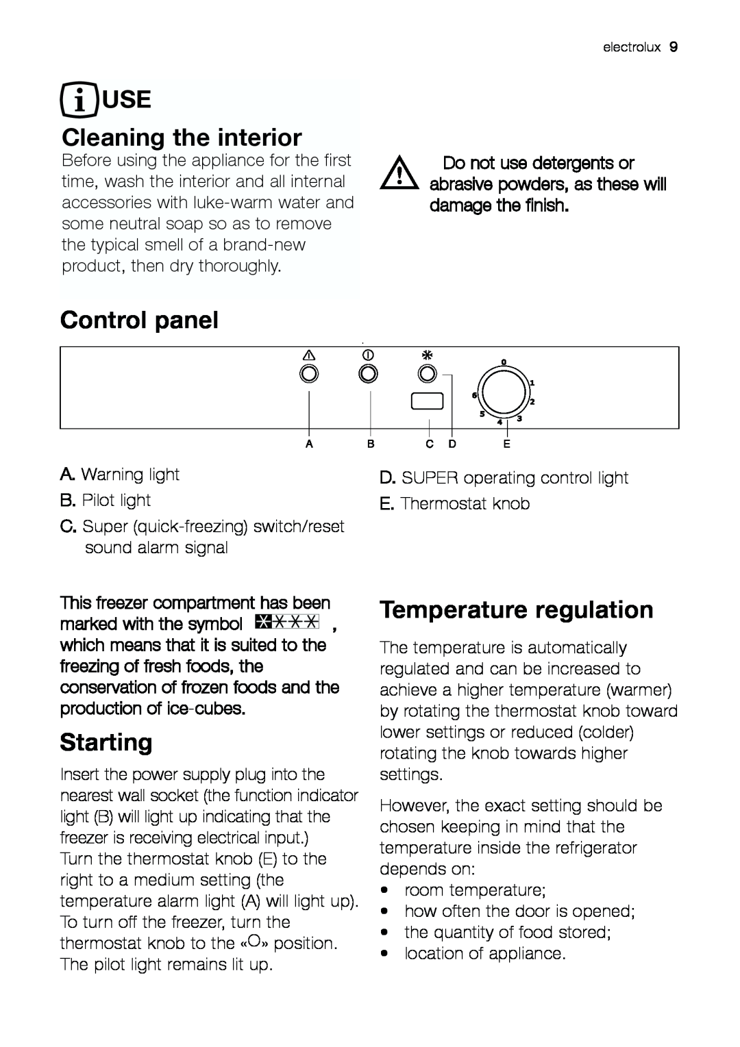 Electrolux EUF 23292 W manual USE Cleaning the interior, Control panel, Starting, Temperature regulation 