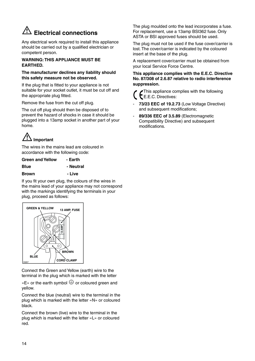 Electrolux EUF 23800 user manual Electrical connections, Warning This Appliance Must Be Earthed, Green and Yellow 