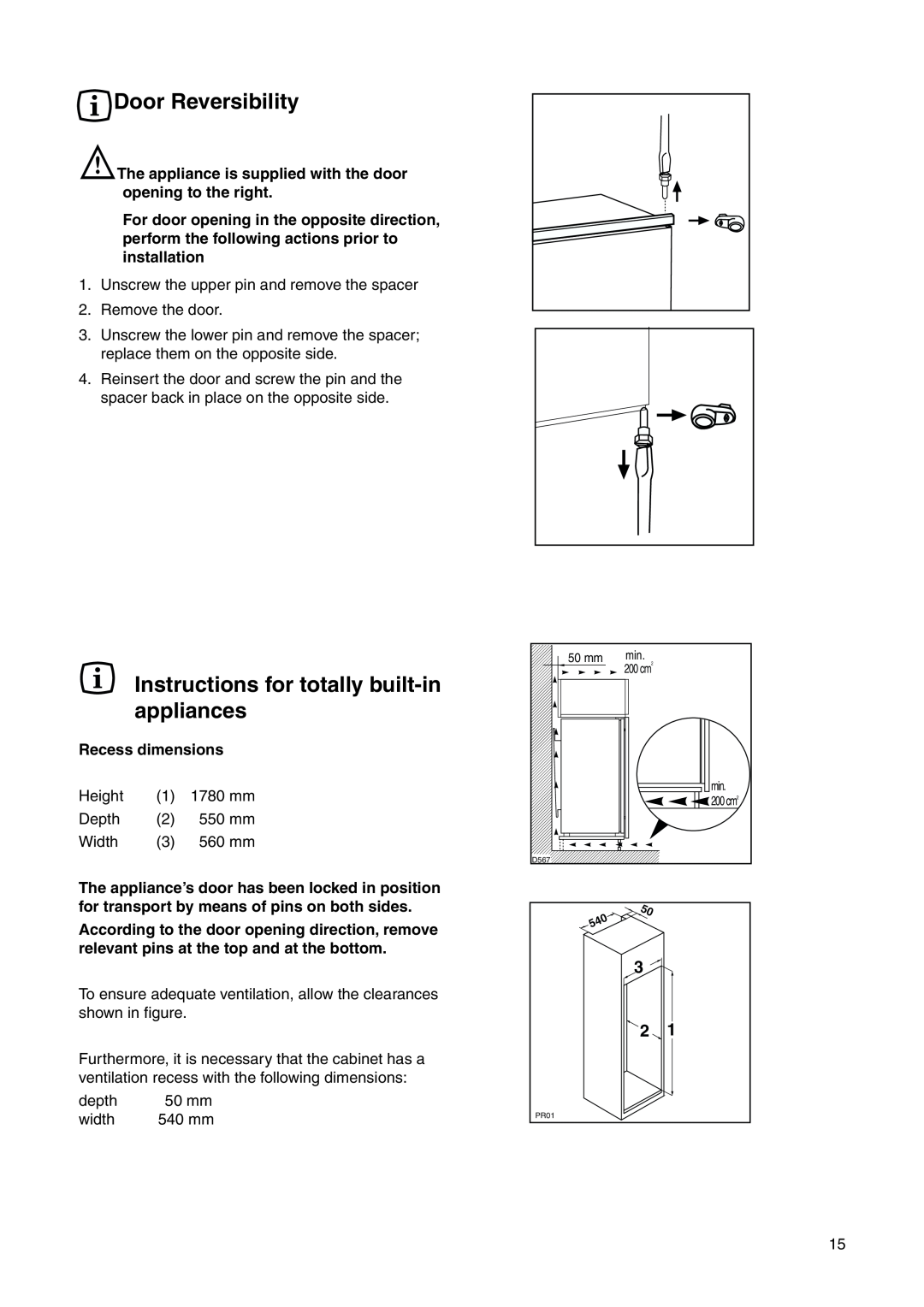 Electrolux EUF 23800 user manual Door Reversibility, Instructions for totally built-in appliances 