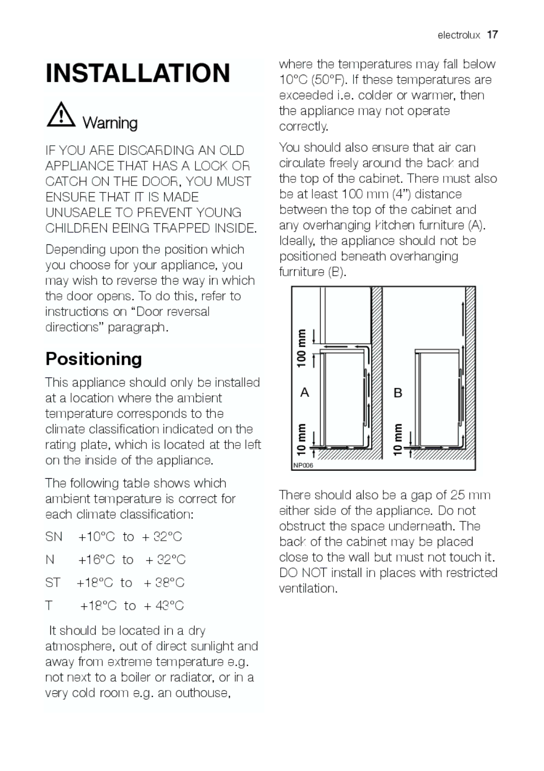 Electrolux EUF 27291 W manual Installation, Positioning 