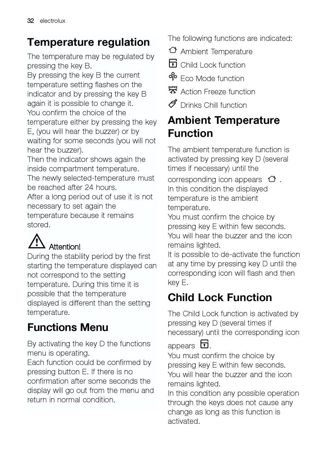 Electrolux EUF 27391 S manual Temperature regulation, Functions Menu, Child Lock Function 