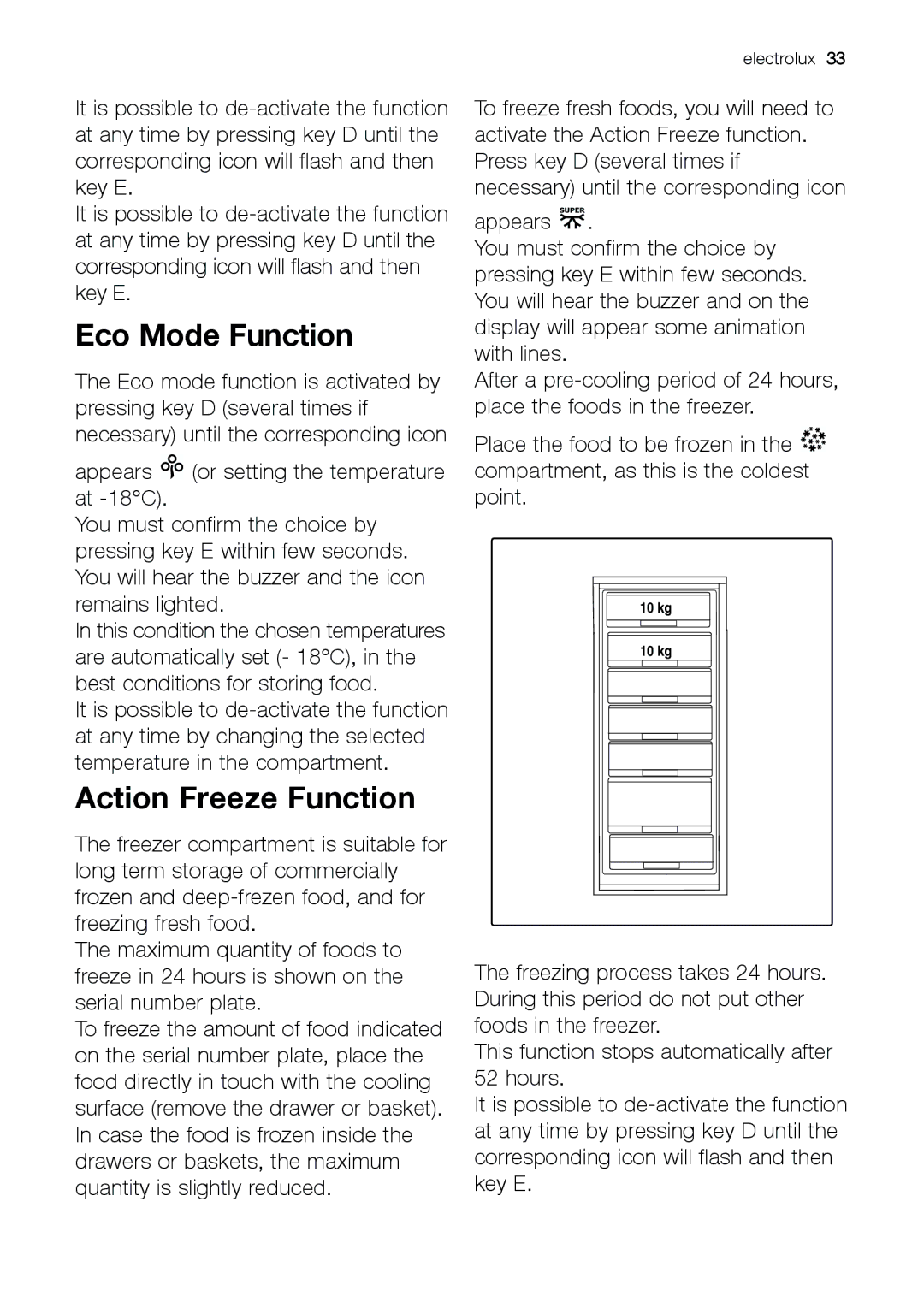 Electrolux EUF 27391 S manual Eco Mode Function, Action Freeze Function 