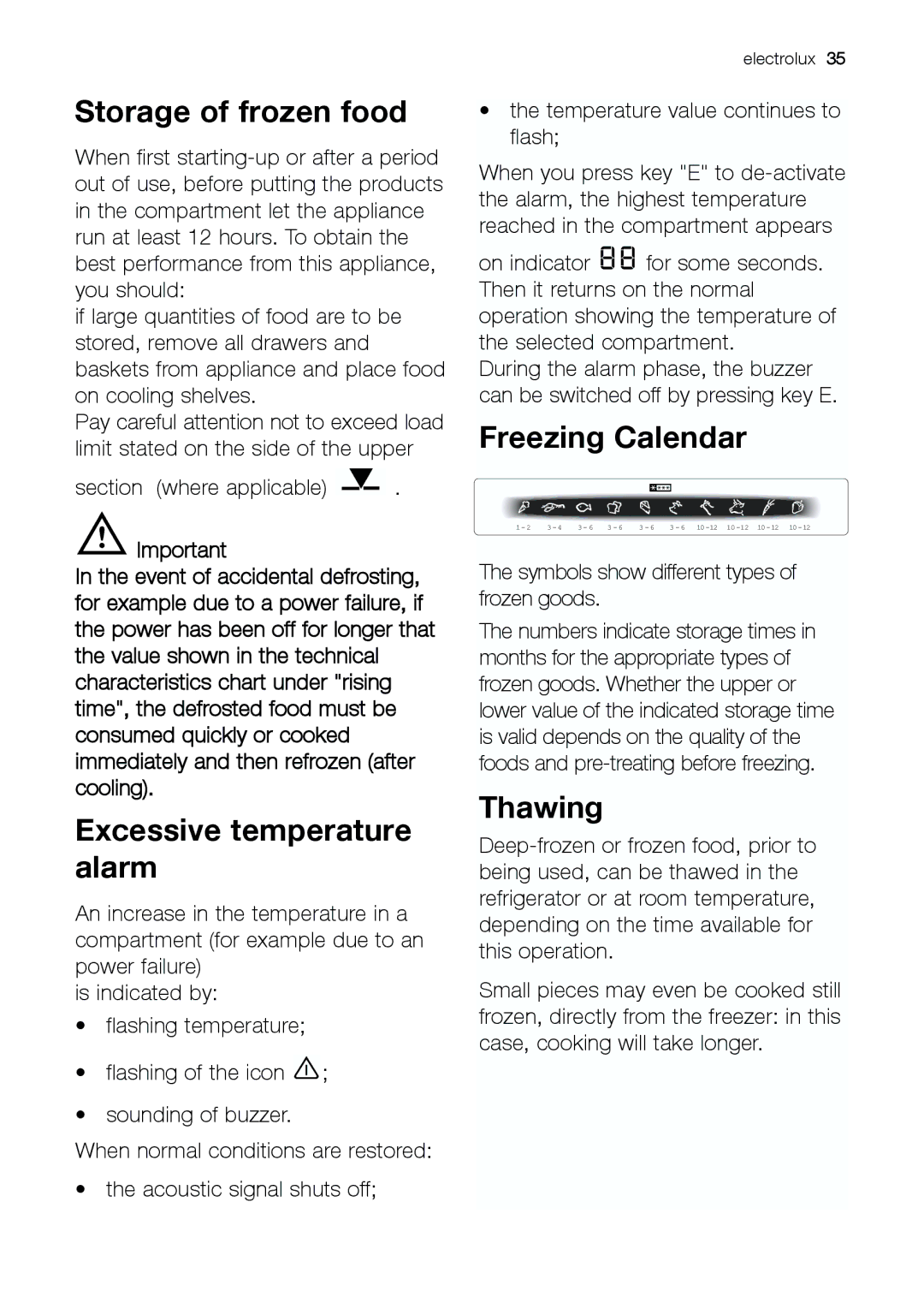 Electrolux EUF 27391 S manual Storage of frozen food, Excessive temperature alarm, Freezing Calendar, Thawing 