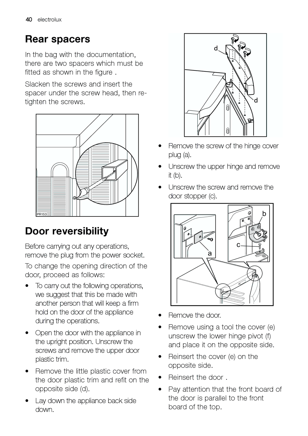 Electrolux EUF 27391 S manual Rear spacers, Door reversibility 