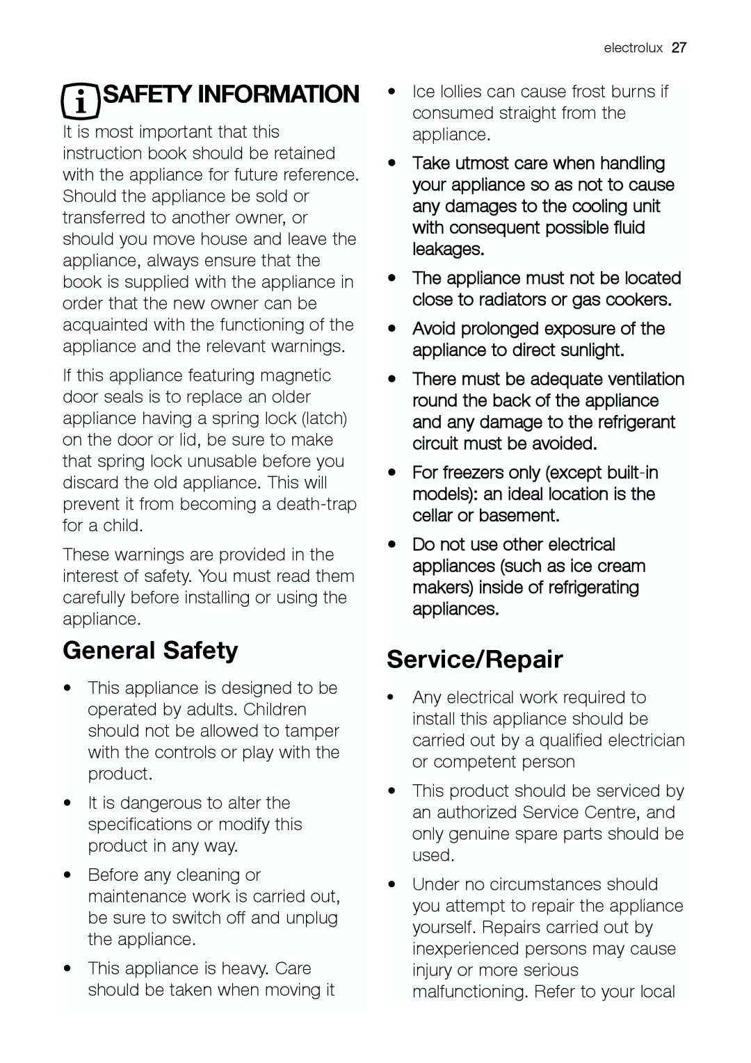 Electrolux EUF 27391 S manual General Safety, Service/Repair 