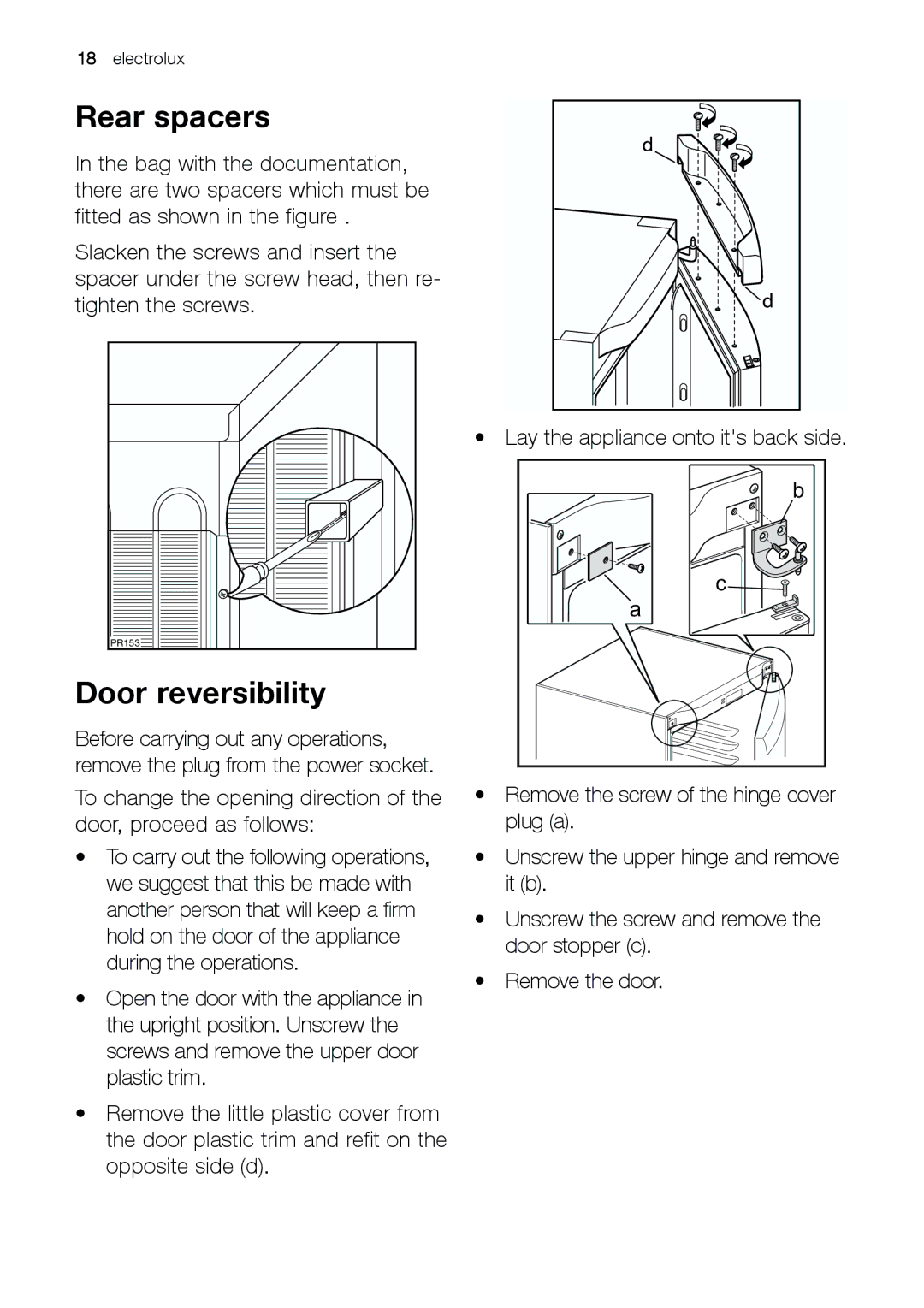 Electrolux EUF 27391 X manual Rear spacers, Door reversibility 