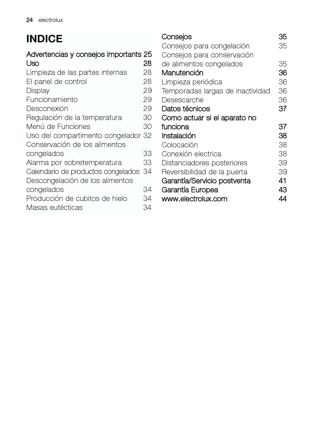 Electrolux EUF 27391 X manual Indice, Advertencias y consejos importants Uso, Consejos, Manutención 