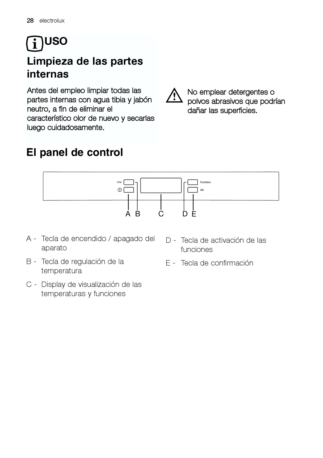 Electrolux EUF 27391 X manual Uso, Limpieza de las partes internas, El panel de control 