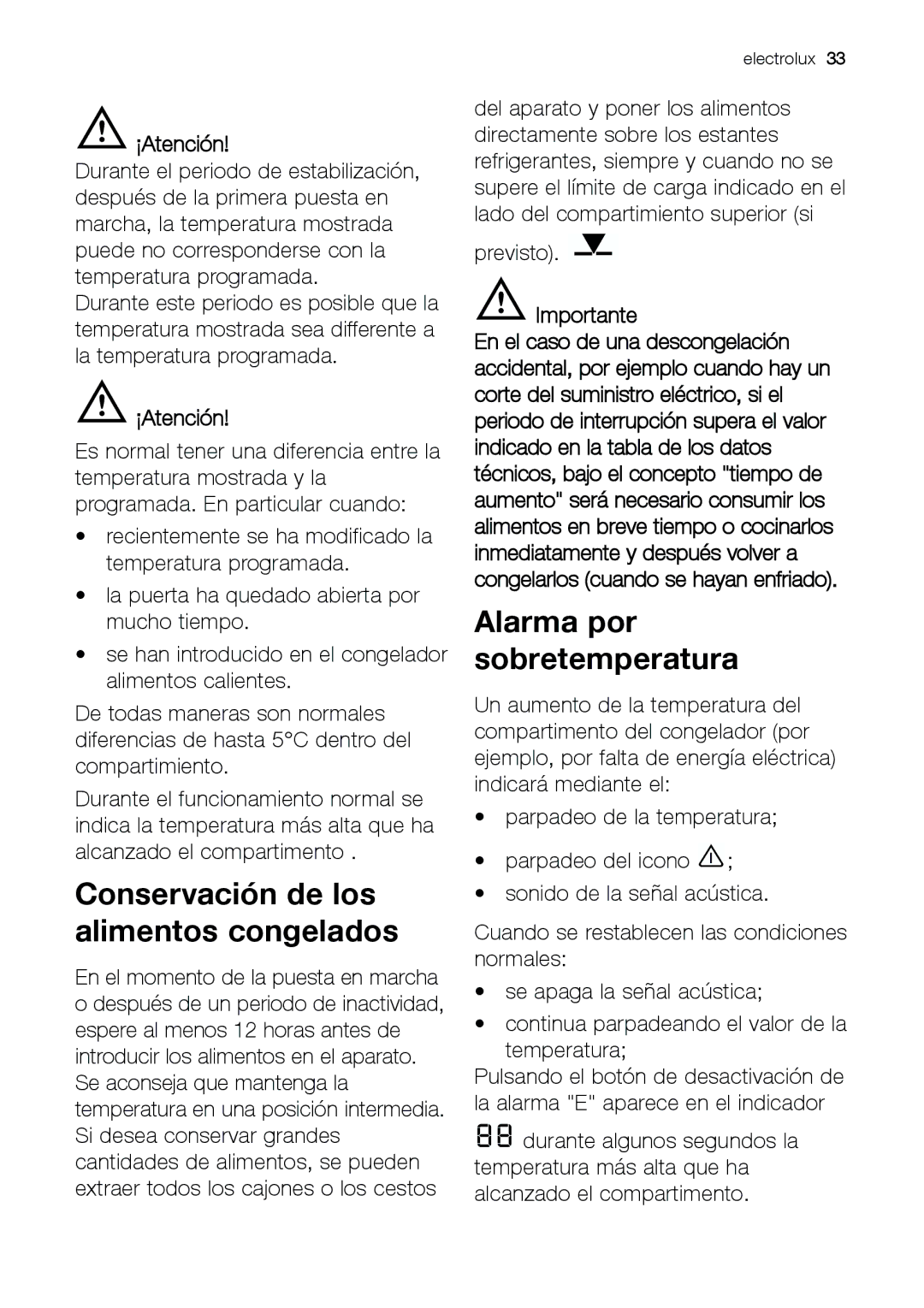 Electrolux EUF 27391 X manual Conservación de los alimentos congelados, Alarma por sobretemperatura, Importante 