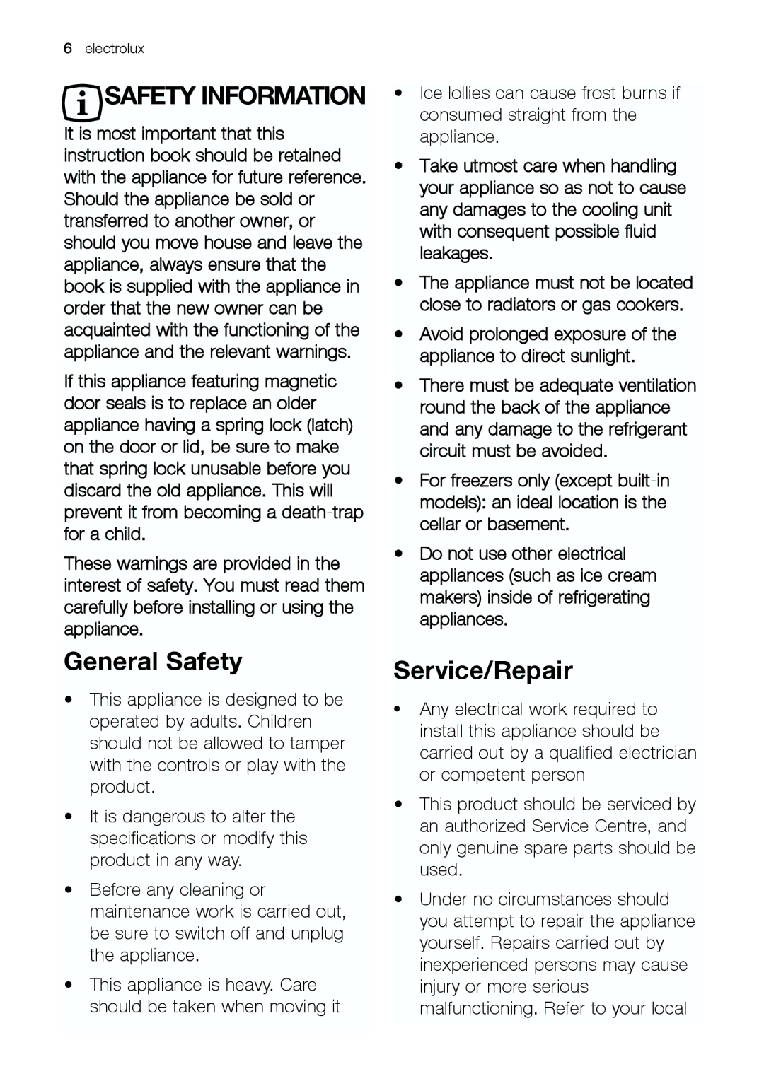 Electrolux EUF 27391 X manual General Safety, Service/Repair 