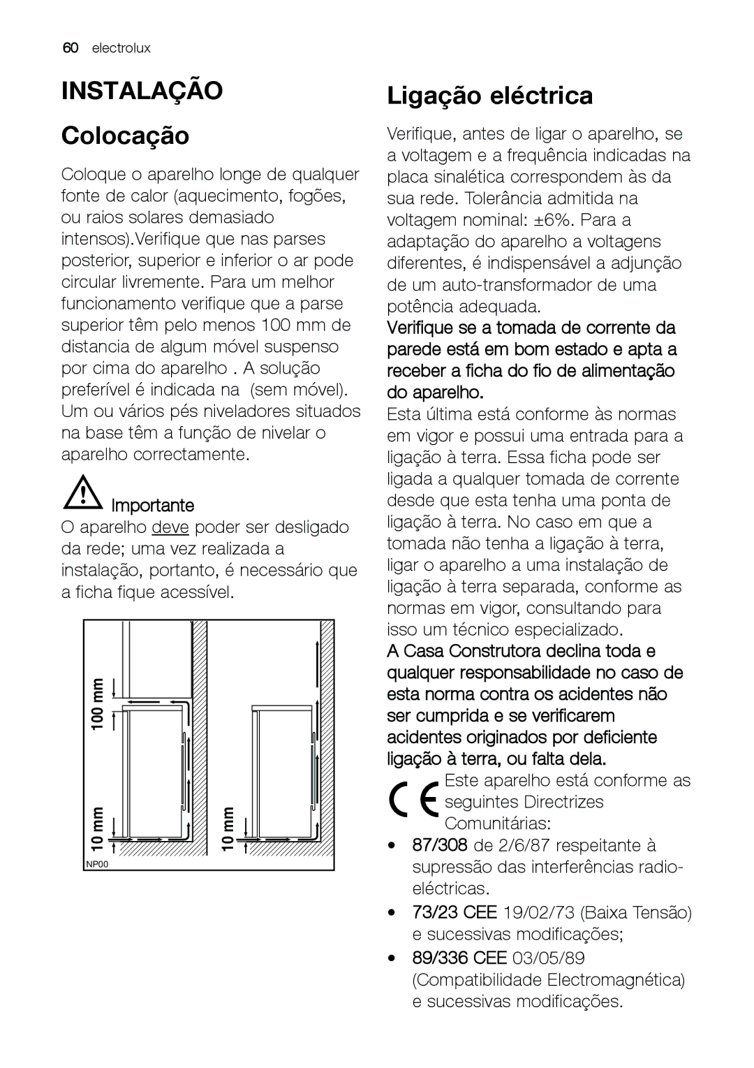 Electrolux EUF 27391 X manual Instalação, Colocação, Ligação eléctrica 