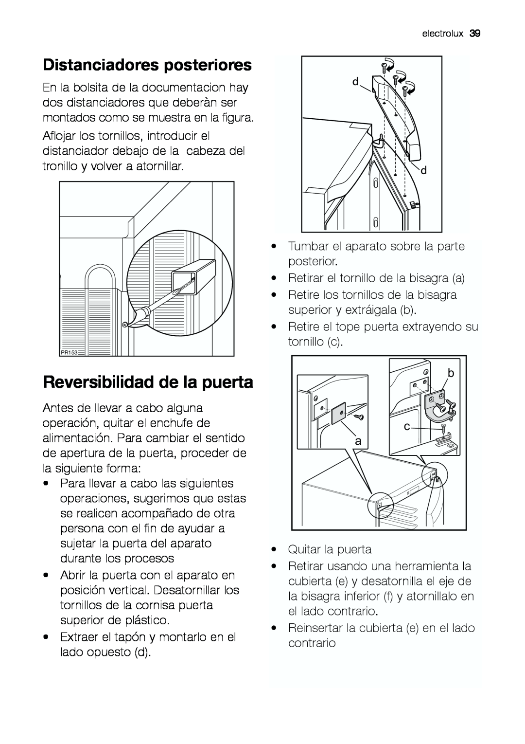 Electrolux EUF 27391 X manual Reversibilidad de la puerta, Distanciadores posteriores 
