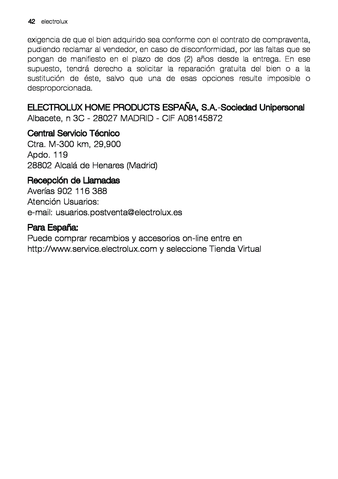 Electrolux EUF 27391 X manual Central Servicio Técnico Ctra. M-300 km, 29,900 Apdo 